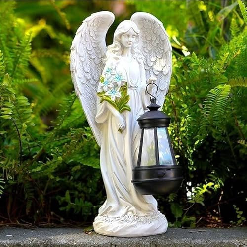 FIYSON Figura de ángel solar de jardín, figura de ángel de la guarda con luces solares LED, resistente a la intemperie, alas de ángel, decoración solar para tumba, exterior, para exteriores, casa,