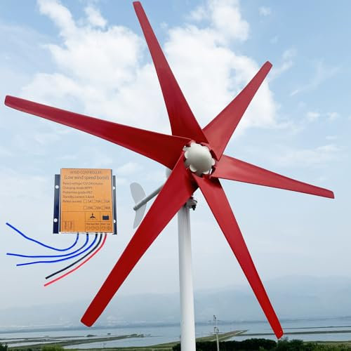 ZHOZHUT 800W-1200W Turbina Eólica 12V / 24V / 48V Pequeños Aerogeneradora De Viento Horizontales con Controlador MPPT Y 6 Aspas Rojas, Carcasa De Aleación De Aluminio para Uso Doméstico,1000w,24V
