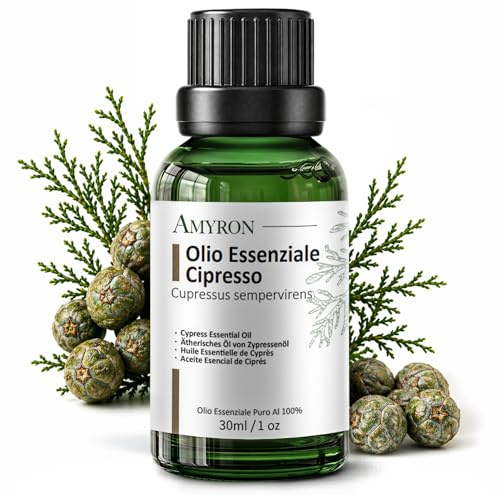 Olio Essenziale di Cipresso 30 ml AMYRON | Cupressus Sempervirens | 100% Puro e Naturale | Aroma Fresco e Legnoso Per Diffusore E Aromaterapia E Ambiente | Massaggi | Flacone Vetro Scuro