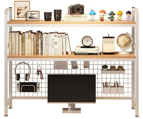 Bookshelf and Accessories Storage Display Rack for Home Office Dorm - White Desk Hutch, Ladder Desktop Shelf for Office Supplies
