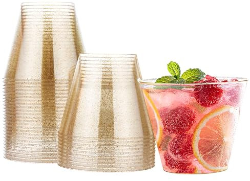 MATANA 30 Premium Clear Hard Plastic Cups, Plastic Party Cups with Gold Glitter (255ml / 9oz) - Reusable Plastic Glasses, Tumblers, Gold Cups for Drinks, Cocktail, Dessert, Wedding, Parties