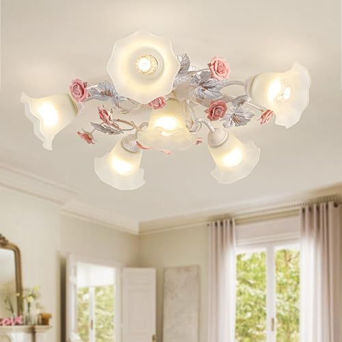 meibileil Vintage Blumen Deckenlampe,5+1KöPfe Weiß Deckenlampe Wohnzimmer,Deckenleuchten Mit Glasschirm Sowie Rosafarbenen Keramikrosen,Nordische Deckenlampen FüR Schlafzimmer KüChe Flur,E27