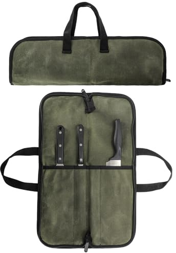 Tosnail Chef Knife Roll Bag with 4 Slots, Heavy Duty Waxed Canvas Knife Bag with Handle, Kitchen Knife Storage, Portable Knife Carrying Case