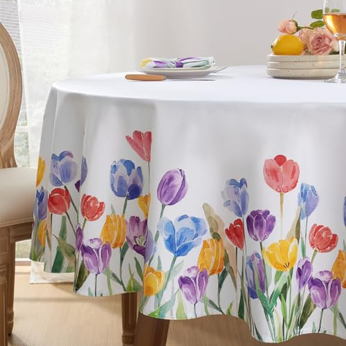 Softalker Tovaglia Primaverile con Tulipani Elegante Tovaglie Rotonda 160 cm Diametro da Esterno idrorepellente Antimacchia Perfetta per la Grande Tavola Festiva per Pasqua,Picnic,Festa della Mamma