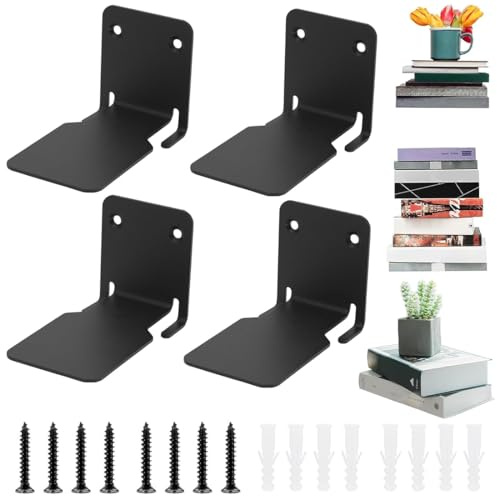 YOYEAH 4er-Pack Unsichtbares Schwarzes Bücherregal Wand, Schwebendes Bücherregal aus robustem Eisen für Büro, Schlaf &Wohnzimmer - Unsichtbare Bücherregale mit Montagematerial inklusive
