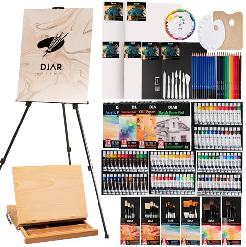 DJAR Set di pittura artistica tutto in uno da 174 pezzi con cavalletto da tavolo e treppiede, acrilico, acquerello, olio e kit per schizzi, 96 colori acrilici, acquerelli e colori ad olio per