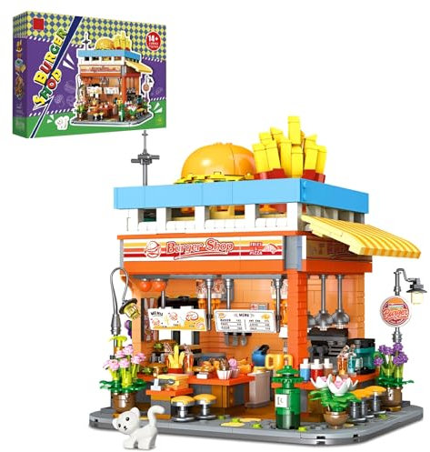 SymGrpu Stadt Burgerladen Bausteine Bausatz, 1727 PCS Straßenansicht Burger House Klemmbausteine, Simulierte Architektur BAU Modell Spielzeug für Erwachsene Kinder im Alter von 8+