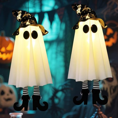 Halloween Deko Geist Hängende, Halloween Deko Garten Outdoor Geister (Weiß) | 2 Stück Ghost Hängende mit 2 Haken, 3 Lichtmodi, Helloween Dekoration Beleuchtung Hexe Geist für Terrasse Baum Veranda