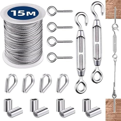 LCKKJHG Wire Rope 1 Set Multifunctional Wires Rope Hanging Kit Stainless Steel Cable Wire Tent Cord Hanging Clothesline Rope for Drying Clothes For Curtain Rods, Clothesline, Plant Support