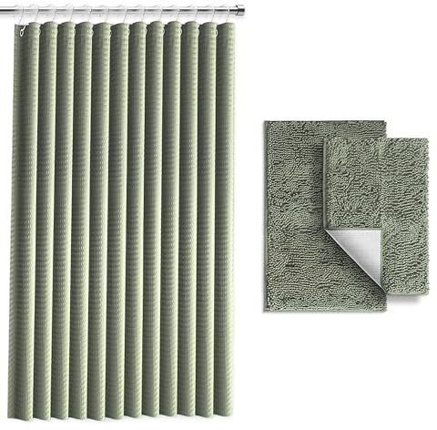 Clara Clark Salbeigrün Duschvorhang-Set mit Teppichen – Badezimmer-Sets mit Duschvorhang und Teppichen, Stoffduschvorhänge und 2 Badematten, Moderne Badezimmer-Dusch- und Vorhang-Sets für Badewanne