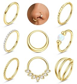 Adramata 8Pcs Piercing Nez Acier Chirurgical Piercing Septum Hypoallergénique Piercings Nez Anneaux Fermoir Clicker - Bijoux pour Piercings Lèvre, Cartilage, Oreille (Conch, Tragus, Helix) Or/Argent