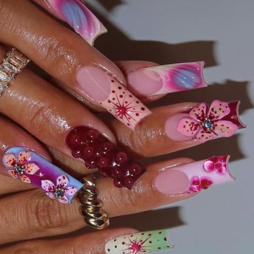 Press On Nails 24Pcs Floral Design Full Coverage Long Square False Nails for Women, Teen Girls - Summer 2024 Fashionable Artificial Nails for Salon, Home, Party