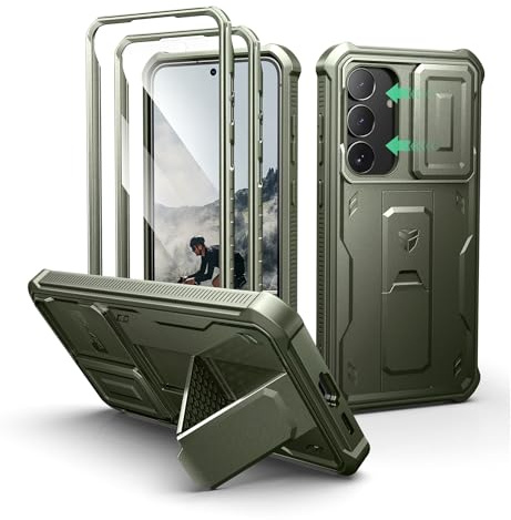 Dexnor Kompatibel mit Samsung Galaxy S25 FE Hülle mit Eingebaute Schiebekamera Abdeckung&Displayschutz&Kickstand, Schwerlast Stoßfestes Robustes Ganzkörper Stoßfänger Handyhülle - Military Green