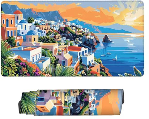 Mauspad XXL 800 x 400 x 3mm Gaming Mousepad mit Vernähte Kanten - Mouse Pad Rutschfest - Mauspad für PC mit Glatter Oberfläche Küstenstadt Mousepad, Maus Pad für alle Maustypen, Zubehör für Büro x-301