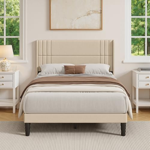 Blishom Lit capitonné 140x200 cm, Cadre de Lits avec tête de lit et sommier à Lattes, en Tissu Solide, Cadre de lit rembourré, pour Adolescent et Chambre d'amis, Beige