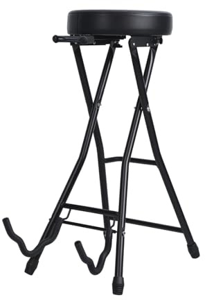 Bigougem 2025 New Guitar Stool & Stand Combo, Foldable Guitar Stool with Padded Seat, Rubber Feet & Retractable Hook, Portable Folding Guitar Chair for Adult,Kids, Drummer, Guitarist (Black)
