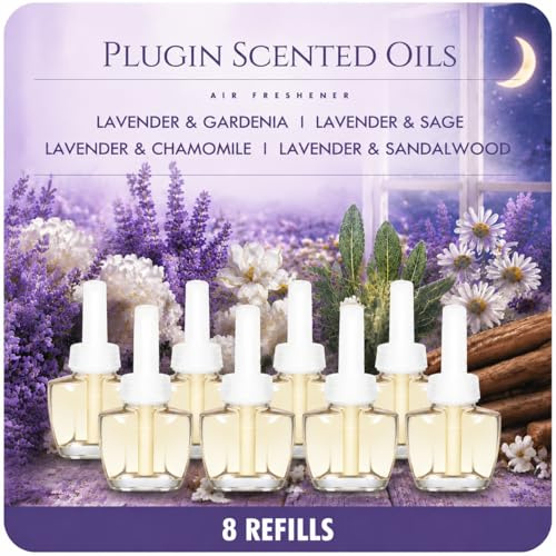 Scent-Hi Duftstecker Nachfüller 8er Pack, Lavendel Duftölflakon Set – Salbei & Gardenie & Sandelholz & Kamille, Aromaöl Nachfüller kompatibel mit Air Wick und Glade Duftsteckern, Raumduft Steckdose fü