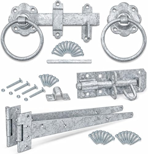 ZAVIA Complete Garden Gate Kit Hot Dip Galvanised Heavy Duty 18 T Hinges + 6 Brenton Bolt + Ring Gate Latch (All Fixings Included)