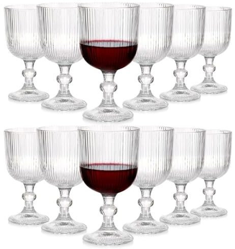 Vilde Weingläser Set 12er 340 ml geriffelte Weingläser aus Glas für Rotwein | Weißwein Wasser Dessert, elegante Weinglas Kelche mit Stiel, spülmaschinengeeignet