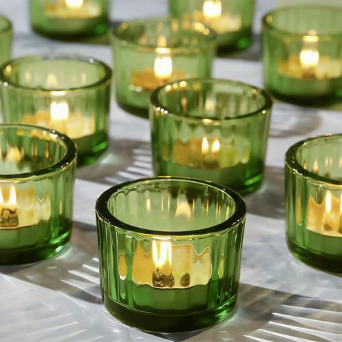 12 Stück Grün Teelichthalter Glas,Teelichtgläser Vintage, Kerzenhalter Glas Teelichter, 5cmx3,5cm Kerzengläser, Geeignet für Hochzeit Weihnachten, Partys & Tischdekoration, Gläser Klein