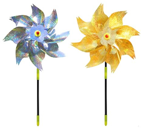 ARYIMYDP Moulins à Vent réfléchissants Lot de 2 Grands octogonaux (argenté à Pois & doré) Effaroucheurs Anti-Oiseaux écologiques pour Jardin, Balcon & verger.