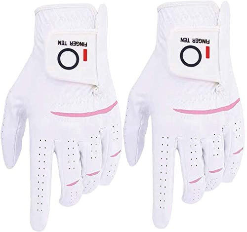 FINGER TEN Golfhandschuhe Damen Paar Linke Rechte Hand 2 Stück Golfhandschuh Mikrofaser Allwetter Regentag Nass Heiß Golf Handschuh Links Rechts Griff Haltbarkeit Weicher Komfort Größe XS S M L XL
