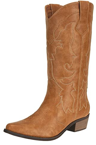 Ladies Cowgirl Cowboy Boots for Women Block Heel Pu Leather Western Wedding Shoes Tan Size 7