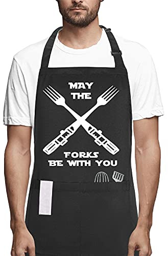 POTALKFREE Funny Cooking Aprons for Men Women with Pocket, May The Forks Be With You Kitchen Chef Apron, BBQ Grilling Gifts for Birthday Christmas Thanksgiving Husband Dad Mom Wife