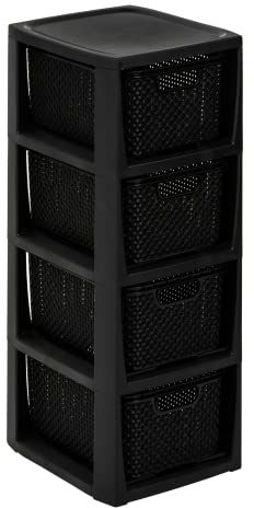 BranQ - Home essential Regal in Rattan Design, BPA-freie Kunststoff PP, Schwarz, 29,5 x 24 x 64,2 cm, 4 Körben