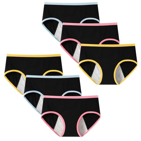 Anntry sous-vêtements en Coton pour Adolescentes Pantalons menstruels Culottes étanches Culottes Solides Taille Moyenne pour Adolescentes de 10 à 18 Ans (Lot de 6)
