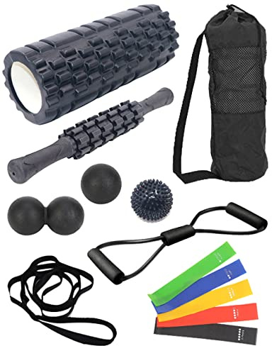 Set di rulli in schiuma 13 in 1, rullo per massaggio yoga ad alta densità, bande di resistenza, rullo per muscoli, palla per fascite plantare, palla a punta, cinghia per stretching, palla per
