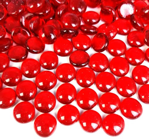 Ocefeiyue Red Glass Gems Flat Marbles Decorative Pebbles Stones for Vase Fillers,Floral Arrangement Display,Home Decorations.Fire Pit,2 LB