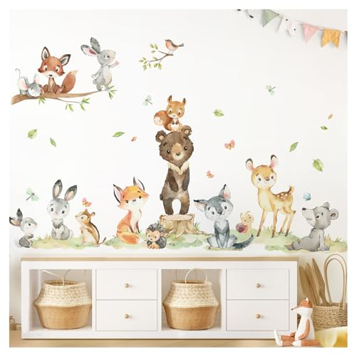DEKO KINDERZIMMER Waldtiere Set Wandsticker für Babyzimmer Fuchs Hase REH Wandtattoo Kinderzimmer Tiere Wandaufkleber Wanddeko DK1139-03