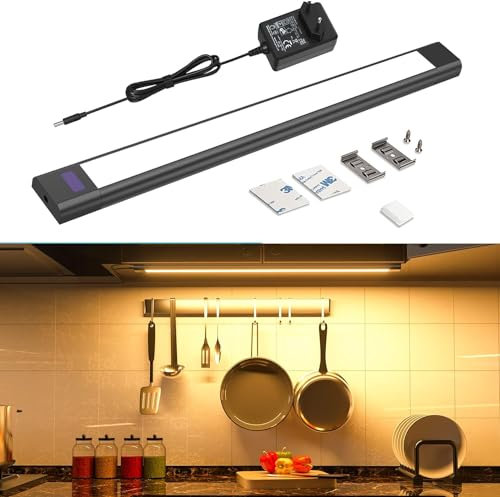 WOBANE Led Sottopensile Cucina con Filo, 30cm Luci Armadio con Sensore Touchless Nero, Dimmerabile Barra Led Lampada Adesiva con Presa 12V per Illuminazione Sotto Pensili Cucina, Bianco Caldo 2700K