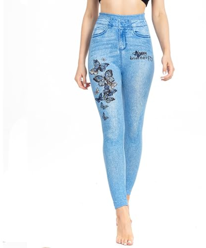 Générique Femme Legging Imprimés Denim et Papillons Leggings Imitation Jean Jeggings Taille Haute Slim Pantalon Moulant Collant Extensible Pantalon de Crayon Treggings