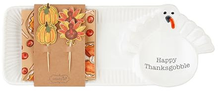 Mud Pie Truthahn-Gastgeber-Set, Tablett, 15,2 x 38,1 cm, Serviette 12,7 x 12,7 cm, Zahnstocher 7,6 cm, Weiß