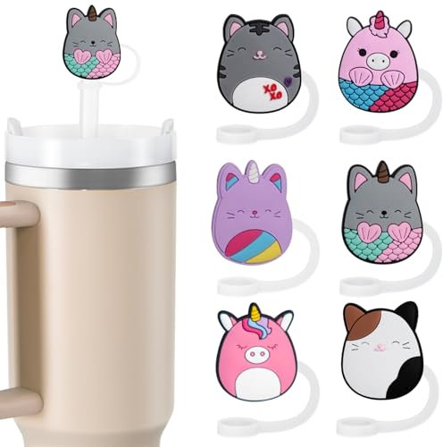 yomanta 6pcs Straw Cover for Stanley Cup for 10mm Dust-Proof Silicone Stanley Straw Topper Accessories, Reusable Straws Cover for Stanley 40/30 Oz Tumbler - Animals