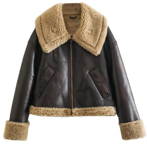 Obelunrp Chaqueta de cuero con piel, chaquetas de cuero de piel calientes de invierno para mujeres, revestimiento de piel corta de solapa para invierno