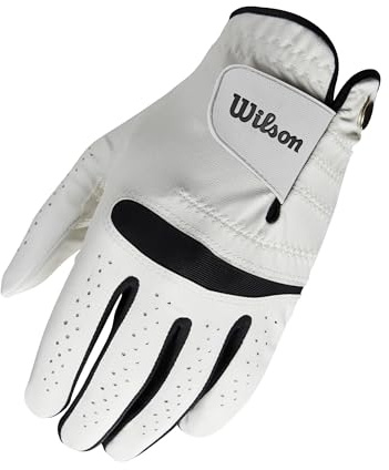 Wilson Feel Plus Herren-Golfhandschuh, Premium-Leder, Verbesserter Grip und Schweißkontrolle, Weiß/Schwarz, Größe S (Rechte Hand)