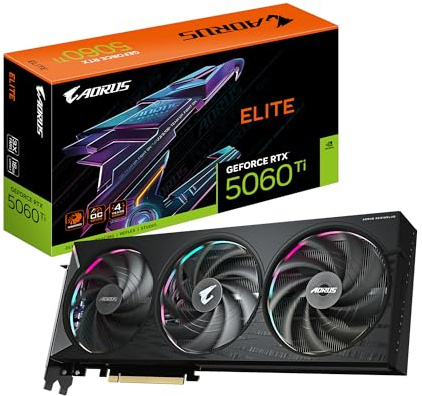 GIGABYTE AORUS GeForce RTX 5060 Ti Elite 16G Carte Graphique – 16 Go GDDR7, 128 Bits, PCI-E 5.0, 2722 MHz Fréquence du processeur, 3 x DisplayPort, 1 x HDMI, GV-N506TAORUS E-16GD