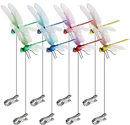 Generisch Lot de 8 clips de tige de libellule réalistes avec ailes vives, décoration colorée pour jardin et jardin, idéal pour les plantes d'intérieur et d'extérieur