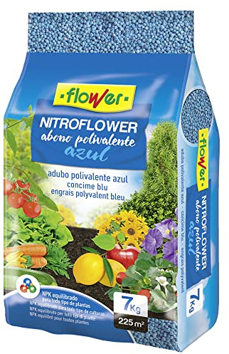Flower - Abono Nitroflower Polivalente 7 kg Universal Azul, Granulado Complejo, Equilibrado NPK, Ideal para Horticultura y Jardinería, Fertilizante Nitrógeno, Corteza de Coco, Turba, 26.5x9x41.5 cm