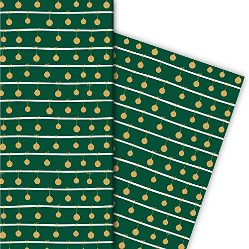 Kartenkaufrausch Schickes Streifen Weihnachtspapier, Geschenkpapier Set zu Weihnachten mit Weihnachtskugeln, grün, für tolle Geschenk Verpackung, Designpapier, scrapbooking, 4 Bogen, 32 x 48cm
