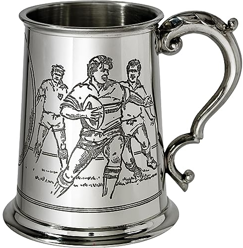 I LUV LTD Estaño Jarro 1 Pinta con Escenas de Rugby en Ambos Lados y Mango Antiguo Puro Pesado Indicador Cerveza Jarro Posibilidad de Grabado Regalos Personalizados para Hombres y Mujeres