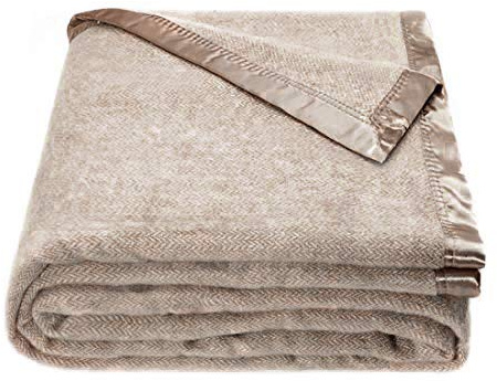 Spencer & Whitney Bed Blanket - Herringbone Wool Throw Blanket, Beige, Large Queen Size