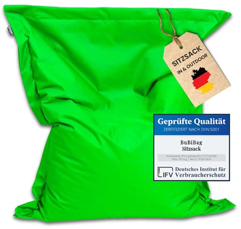 BuBiBag Sitzsack XXL 190x145 cm mit Füllung – Handgefertigt – Bean Bag Indoor & Outdoor – Riesensitzsack Lounge Gästebett Erwachsene – wasserabweisend – Neongrün