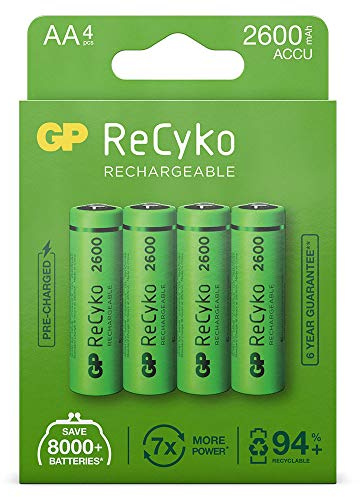 GP ReCyko Akku AA 2600mAh NiMH | 4 Stück Batterien AA wiederaufladbar | AA Akkus vorgeladen Ready2use, Hohe Leistung und vielfach wiederverwendbar, plastikfreie Verpackung