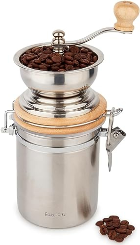 Easyworkz Manual Coffee Grinder - Adjustable Settings, Airtight Canister - Coffee Bean Mill Tool for Kitchen, Hand Crank Coffee Grinder
