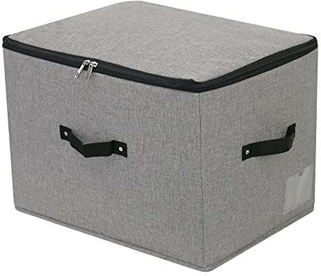 Cubo de almacenamiento plegable grande con tapa de tela con asas, tapa con cremallera, mantas de ropa, colchas, caja de almacenamiento para dormitorio, armario, 44x33x31cm, gris oscuro