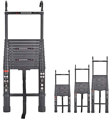 5M Black Aluminum Telescopic Ladder with 2 Detachable Hooks, 330lbs Max Load with Non-Slip Rubber Feet, EN131 Standard, Heavy Duty Folding Telescoping Ladder, Folded Height 3.2FT